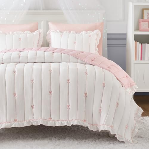 Intelligent Design Liv Queen Bow Embroidered Quilt Set Pink Ruffle Cottagecore Bedding Reversible Down Alternative Ultra Soft All Season 3 Piece Full/Queen