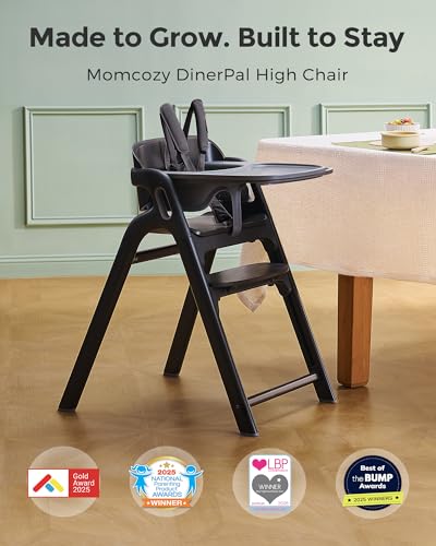 Image of Momcozy DinerPal Wooden High Chair for Babies, Toddlers & Adults Up to 308 Lbs, Convertible Baby Highchair with Food-Grade Tray, Dishwasher-Safe, Adjustable & Ergonomic, Midnight Black​