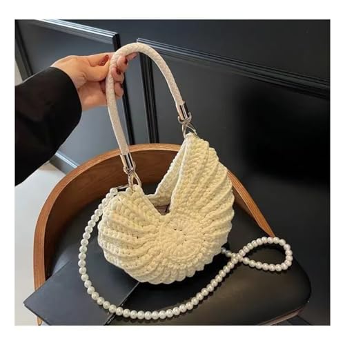 Handwoven Fashion Seashell Bag， Crochet Seashell Shoulder Bag，Knitted women's bag with pearl shoulder straps2