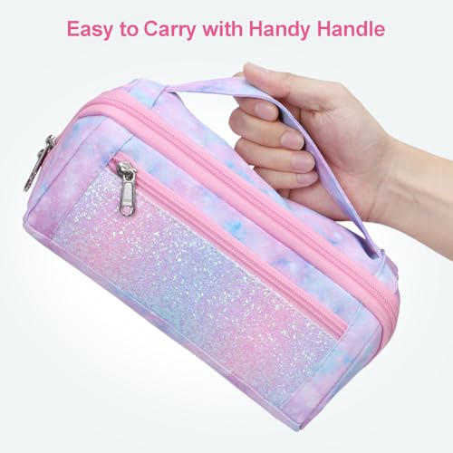Image of Pencil Case for Girls, Durable Kids Pencil Pouch for School, Wide Opening Soft Bag with Handle, Fits 50 Pens & Markers (Pink Tie Die)