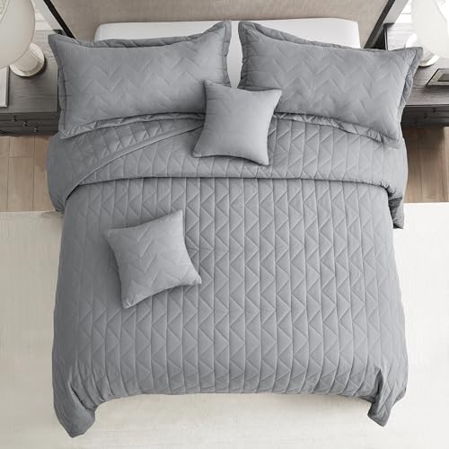 Image of Oversized Queen Bedspread, Geometric Diamond Stitched Quilt Set Queen, Lightweight Reversible Coverlet, Straight Edge - Modern Classic Look, 5 Piece, Grey
