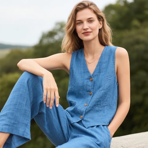 Mi Bo Tong Women's 2 Piece Outfits Linen Vest and Wide Leg Pants Casual Sleeveless Sets Summer Outfits2