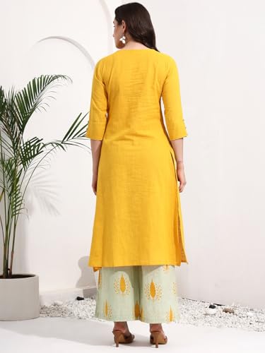 Image of idaLia Cotton Straight Kurta Set for Women with Palazzo 3 /4 Sleeve, Round Neck Designer Kurta with Palazzo Pant Set