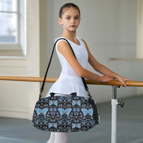 Travel Duffle Bag for Kids Boys Girls Blue Butterfly Butterflies Black Sports Bag Overnighter Duffle Sleepover Weekender with Shoes Compartment2