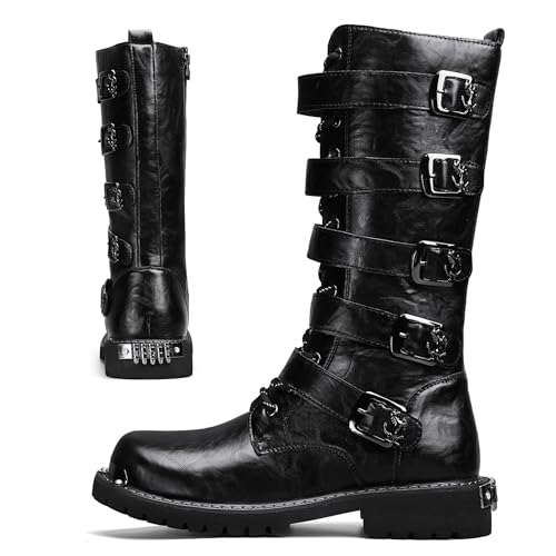 Mens Black Cool Style Eye Catching Buckle Closure High Top Leather Motorcycle Boots Waterproof Non...
