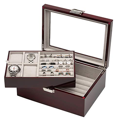 Cuff-Daddy Mahogany Cufflinks Watches Storage Organizer Men's Box Case (50 Pairs/4 Watch) Cuff Links Travel Ring Holder for Jewelry Box Unique Design Cufflinks Luxury Display Jewelry Case Storage