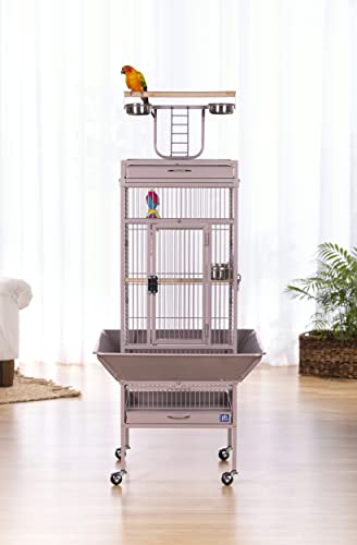 Image of Prevue Pet Playtop Bird Cage - Medium Steel Bird Cage with Integrated Playtop, Rolling Stand, Seed Guards, and Perches, Ideal for Conures and Cockatiels - Blush Finish