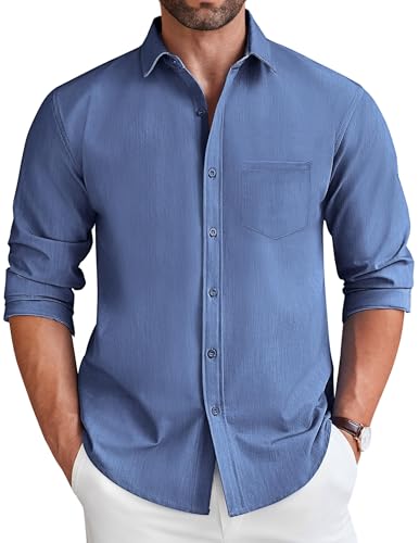 COOFANDY Men's Casual Button Down Shirt Long Sleeve Dress Shirt Wrinkle Free Untucked Shirt, Deep Blue, Medium