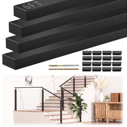 Image of 6FT Stainless Steel T304 Handrail Black, 4 Pack Rectangular Cable Railing Handrail Flat Deck Top Rail with Nylon End Caps for Indoor Outdoor Deck Stair Cable Railing System DIY Balustrade