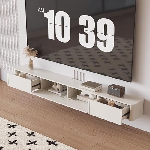 Mobile TV sospeso moderno da 55 pollici, supporto multimediale da parete con cassetti, 200 cm, in legno massello, elegante finitura nera, ideale per l'arredamento del soggiorno