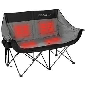 REALEAD Heated Double Camping Chair 3 Heat Levels and 4 Heating Zones Portable Heated Loveseat Chair for Outdoor Sports Support 650lbs Heated Folding Chairs for Outside Battery NOT Included