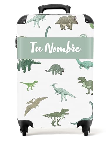 NoBoringSuitcases.com Maleta Infantil Personalizada con Ruedas para Viaje, Equipaje de Mano - Patrón de Dinosaurios, Verde (55x40x20 cm)
