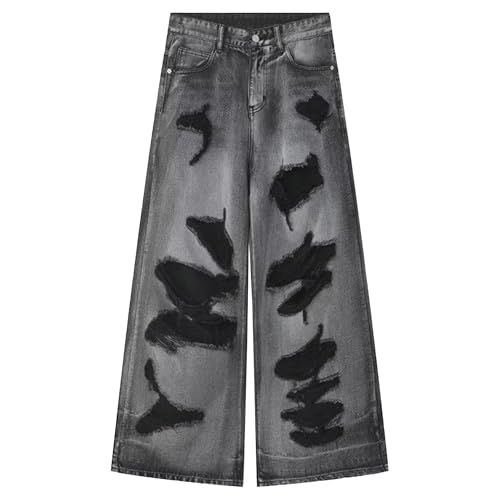 Men's Baggy Ripped Jeans Trendy Hip Hop Streetwear Clothes Casual Mid Rise Wide Leg Trousers