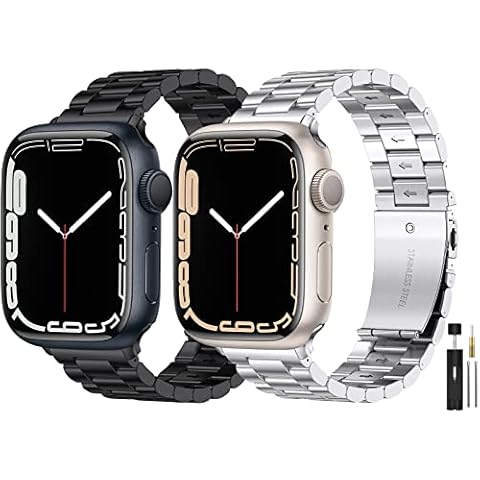 [2-Pack] Liwin Metal Bands Compatible with Apple Watch 45mm 44mm 42mm, Stainless Steel Replacement Strap Wristband for iWatch Series 7/6/5/4/3/2/1/SE for Women Men (42/44/45mm, Silver & Black) Cover