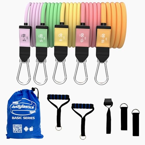 Image of Bodylastics Patented Basic Series Resistance Band Set - Resistance Bands with Snap Reduction Tech, 2 Handles, 2 Ankle Straps, 1 Door Anchor & 1 Carry Bag