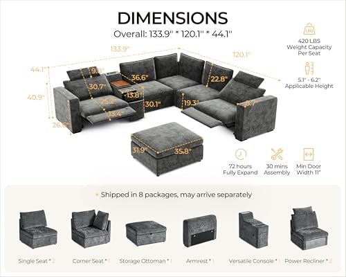 Image of Oversized Modular Power Recliner Sofa Wall Hugger, Cloud Reclining Couch with Headrest, Storage Ottoman, Drawer Charging Cup Holder, Deep L-Shaped 6 Seater with Dual Electric Recliner, Chenille, Grey