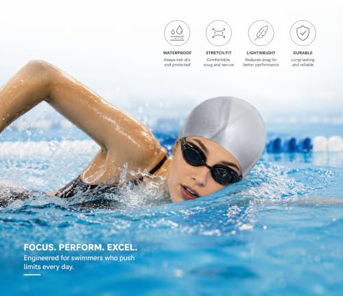 Image of MAJIK Silicone Swimming Cap for Men, Women and Kids Waterproof Swim Cap with Easy Fit Swimming Accessories (White-Grey Multi)