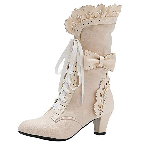Lanreytaley OUEYFER Women Sweet Bow Boots Mid Heels Lace Up Moccasin Boot Mid Calf Lolita Slouch Boots Ruffle Boots Beige Size 38 Asian cover