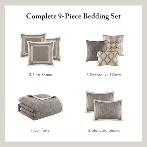 Image of Madison Park Signature Cozy Comforter Set - All Season Bedding Combo | Filled Insert and Removable Duvet Cover, Shams, Decorative Pillows, King (110 in x 96 in), Geometric Grey 9 Piece