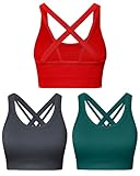 Nikuja Sports Bras for Women,Strappy Running Sports Bras for Women High Support with Removable Pads 3 Pack(0001_Red+Grey+Quetzal Green_M)