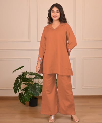 Image of SHIENZY Women Rayon Embrioded Co Ord Set | Stylish V Neck Co-Ord Set for Women | Straight Kurta & Plazzo | Short Kurti and Pant | Party & Ethnic Wear | Traditional & Casual Kurti Set