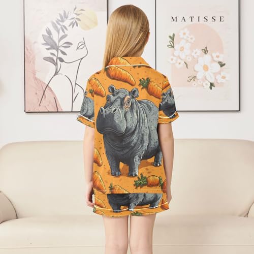 Satin Pajama Sets Short Sleeve Hippo Among Many Carrots Button Down Silky Nightwear 2 Piece PJS 5-14Y4