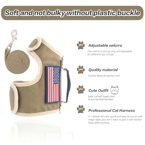 Image of Tactical Kitty Harness and Leash for Walking Escape Proof, Adjustable Kitty Walking Jackets, Padded Stylish Kitty Vest, Khaki, X-Small
