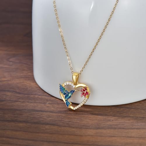14K Solid Gold Hummingbird Necklace with 5A Cubic Zirconia for Women,Real Gold Heart Animal Pendant Necklaces Jewelry Gifts Christmas Birthday for Mom Wife,16+2 inch4