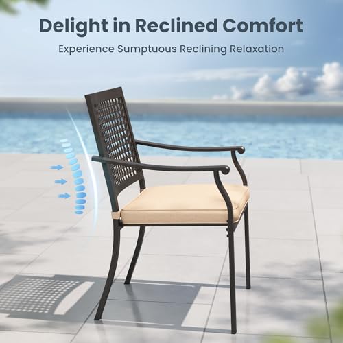 Image of PHI VILLA Outdoor Wrought Iron Chairs Set of 6, Black Dining Bistro Metal Steel Stackable Chairs with Cushions, Support 300 LBS for Patio, Deck, Yard, Porch