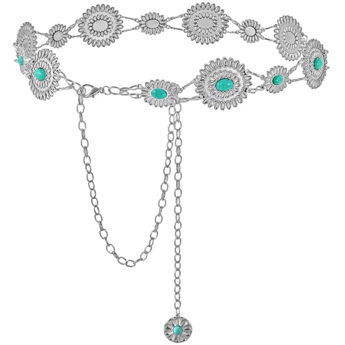 YBO Women Concho Chain Belt Metal Link Western Cowgirl Turquoise Chain Belt for Dress