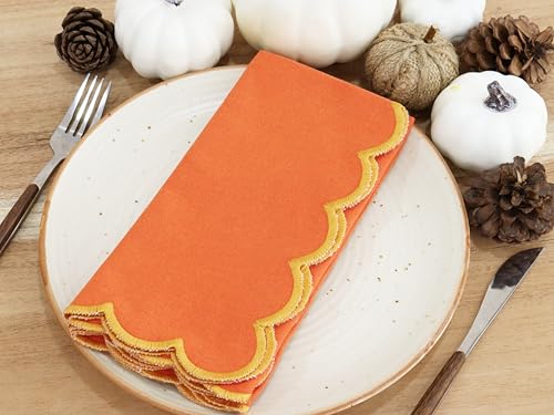 Image of PurpleEssences Scalloped Cloth Napkins 18x18 in - Orange Edge Golden Yellow
