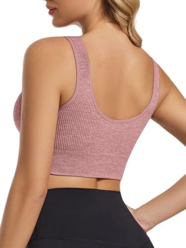 Image of Chilylori Seamless Sports Bras for Women Pack of 3 Ribbed Sports Bra Workout Tops Cropped Tank Top Comfort Padded Yoga