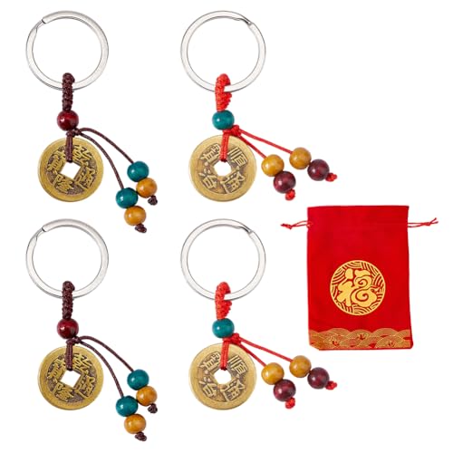 SUPERFINDINGS 4 Pièces Porte Clés Feng Shui Pièces Chinoises Chanceuses Porte Bonheur Pendentif Pièces Feng Shui En Cuivre Avec 1 Sac à Cordon pour...