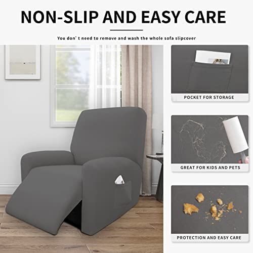 Image of Easy-Going 4 Pieces Waterproof Recliner Chair Slipcover Washable | Stretch Soft Couch Cover for Dogs, Sofa Slipcover for Recliner Couch Furniture Protector for Kids, Pets Gray