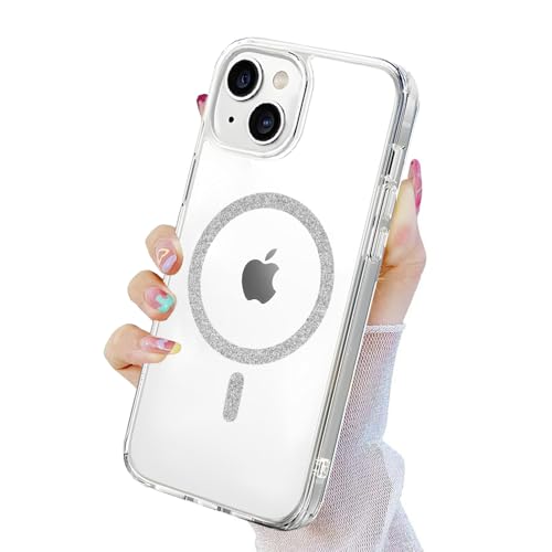 Image of AIBEX Back Cover Case Compatible with iPhone 15 Plus | Glitter Ring Cute Shiny Colorful Bling Case (Compatible with Magsafe) | Transparent PC+TPU Glossy Shiny Cover for Girls & Women - Silver