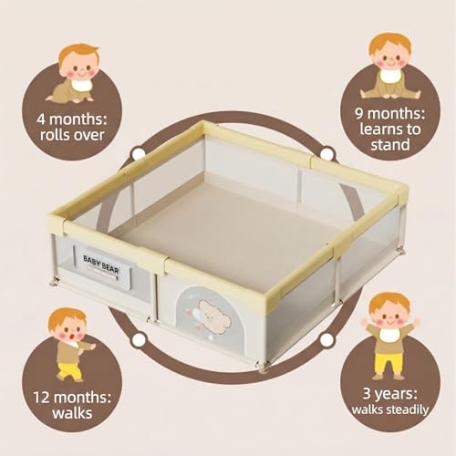 Image of Playpen for Baby up to 4 Years Playards with Pit Balls and Anti-Fall Grasp Rings, Kids Activity Center with Safety Lock & Small Storage Bag (No Mat, Non-Foldable) (150x180cm Yellow)