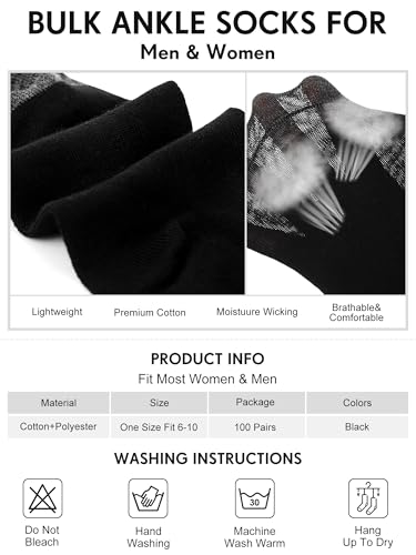 Image of Tarpop 100 Pairs Bulk Mens Socks Moisture Wicking Casual Sports Ankle Socks for Homeless Unisex Adult Men Women