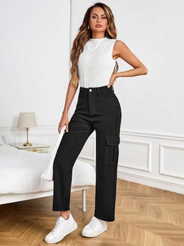 Image of KOTTY Women's Solid High Rise Relaxed Fit Cargo Jeans