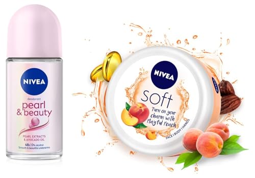 Nivea Soft Playful Peach, Light Moisturizer Cream For Face, Hands And Body, Instant Hydration, Non-Greasy Cream 200 Ml & NIVEA Deodorant Roll On, Pearl & Beauty For Women 50ml Nivea Soft Playful Peach, Light Moisturizer Cream For Face, Hands And Body, Instant Hydration, Non-Greasy Cream 200 Ml & NIVEA Deodorant Roll On, Pearl & Beauty For Women 50ml