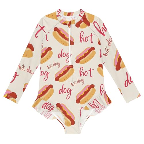 Girls One Piece Swimsuits Long Sleeve Swimsuit Zipper Bathing Suits Solid Color Hot Dog Cute
