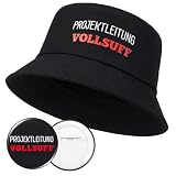 Geyoga Fischerhut Projektleitung Vollsuff Lustiger Bucket Hat mit 5 cm Button Karneval Kostüm Accessoires Lustig Geschenk für Mallorca Vatertag Malle JGA Geschenk für Männer(Projektleitung Vollsuff)