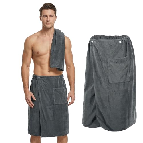 Saunakilt Herren - Saunahandtuch Herren 140x70 cm, Verstellbare Größe, Saunatuch aus Mikrofaser mit Druckknopf, Schnell Trocknendes Hamamtuch für Fitnessstudio Dusche Sauna Strand & Schwimmbad (Grau)