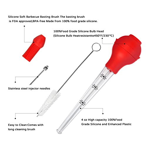 Kellowi Turkey Baster, Food Grade Baster Syringe For Cooking And Home Baking Kitchen Tool，Quality Silicone Bulb Baster Including Stainless Steel Injector Needles And Brush For Easy Clean Up，Red #TOP2
