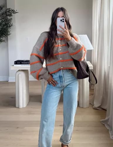Image of QIBABU Womens Striped Cardigan Sweaters Casual Open Front Long Sleeve Button Down Knit Outwear