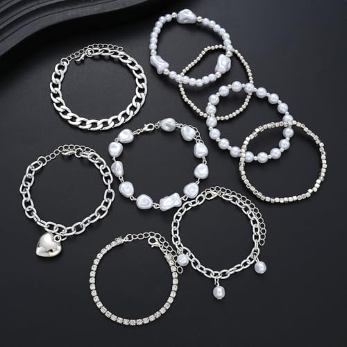 Gold Pearl Bracelet Set for Women Men, 14K Gold Plated Baroque Pearl Rhinestone Beads Stackable Bracelets Chunky Cuban Paperclip Link Chain Heart Bracelets Gold Bracelets for Women Trendy Jewelry4