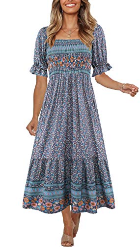 Women's Summer Bohemian Square Neck Floral Print Ruffle Vintage Flowy Beach Vacation Long Midi Boho Dress 14-M #TOP2