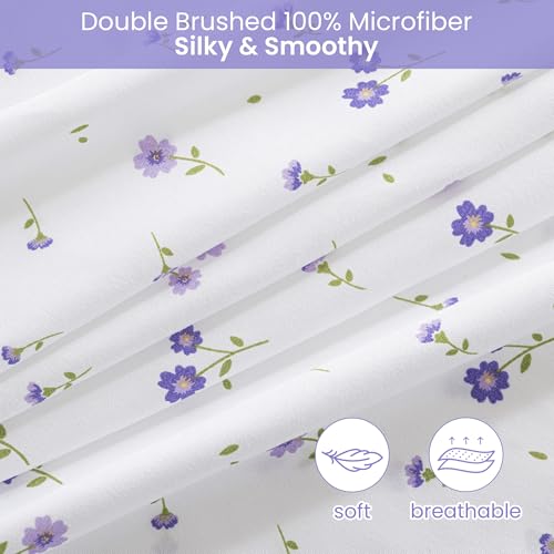 Image of Softan Floral Queen Sheet Set Purple Flower Bed Sheets Printed Queen Size - 4 Piece Microfiber Patterned Fitted Sheets with 15 inch Deep Pocket, Spring Flower Sheets and Pillowcase Set