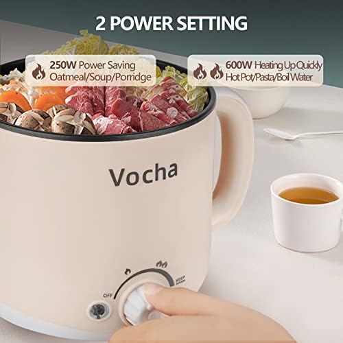 Vocha Electric Hot Pot with Keep Warm Function, 1.6L Non-Stick Electric Skillet, Portable Travel Cooker, Mini Multi-Cooker for Pasta Noodles, Soup, Boiled Eggs, Vegetables, Meat (Beige)