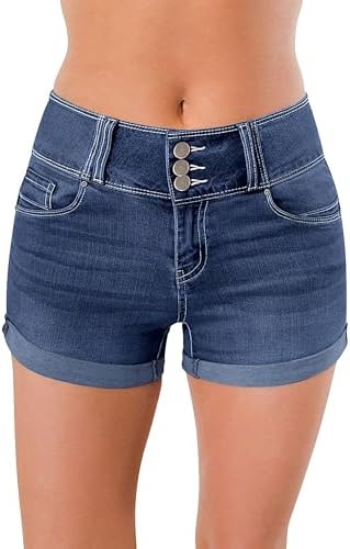 roswear Women&#39;s High Waisted Stretchy Denim Shorts Cuffed Jean Shorts