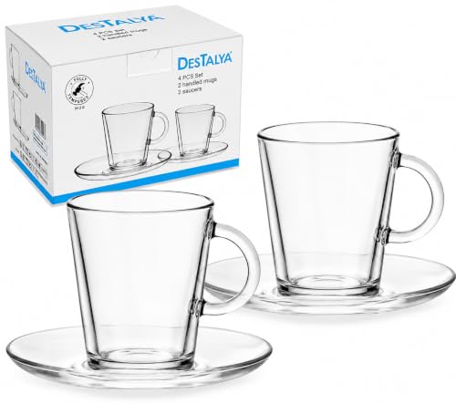 DESTALYA Glass Coffee Mugs with Handles & Saucers Set of 2 | 13.5 oz Clear Glass Coffee Cups for Latte, Cappuccino, Tea, Hot Chocolate & Espresso | Elegant Glass Mug Set for Home & Café